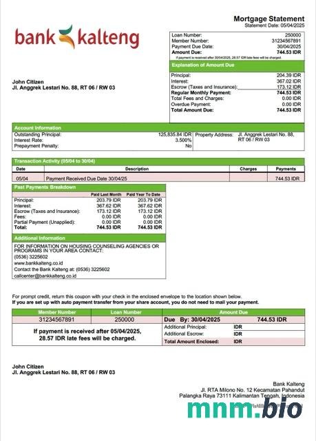 Indonezja Bank Kalteng wyciąg z kredytu hipotecznego szablon Word i PDF